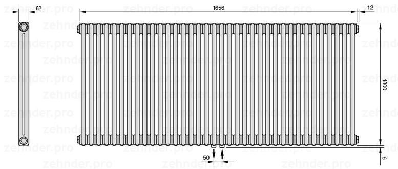 Схема (чертеж) Радиатор Zehnder Charleston 2180/36 №5410 Белый глянцевый RAL 9016